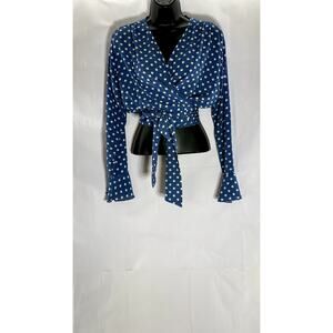 FIVESEVENTYFIVE Women's Blue/White Polka Dot Long Bell Sleeve Wrap Top SZ S